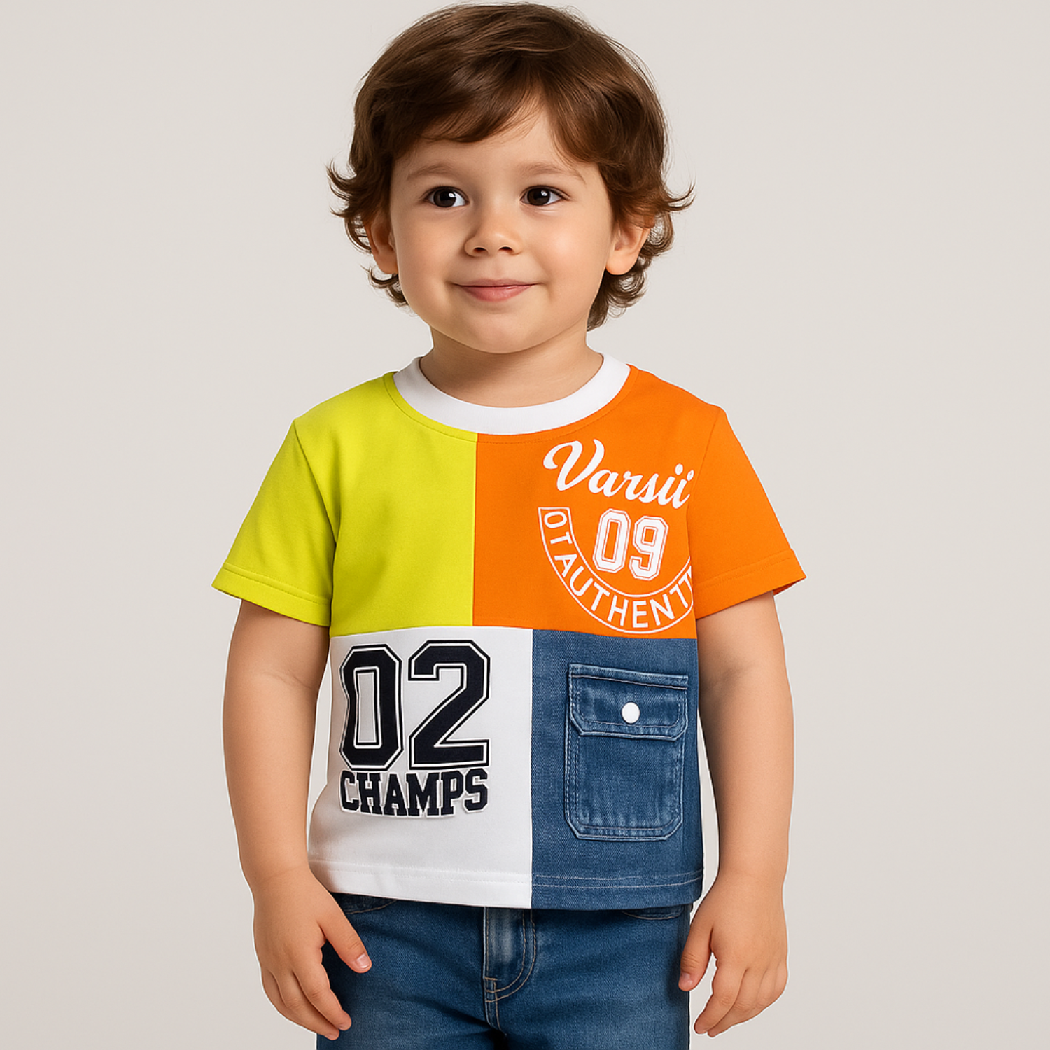 COOLEST Varsity Champs Patchwork T-Shirt – Orange / Royal Blue / Red / Yellow (1–12 Years)