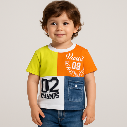 COOLEST Varsity Champs Patchwork T-Shirt – Orange / Royal Blue / Red / Yellow (1–12 Years)