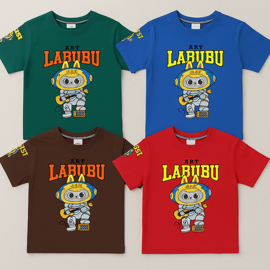 Smile Baby Boys’ "Art Labubu" Cartoon Graphic T-Shirt – 4 to 12 Years – B.Green, Blue, Brown & Red