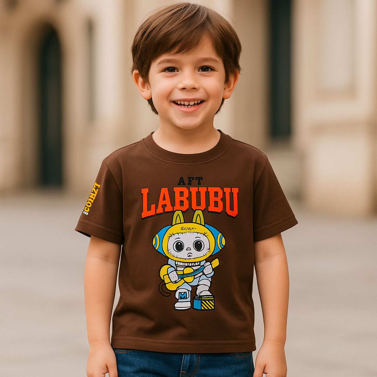 Smile Baby Boys’ "Art Labubu" Cartoon Graphic T-Shirt – 4 to 12 Years – B.Green, Blue, Brown & Red