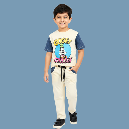 COOLEST Boys Goofy Cartoon T-Shirt & Jogger Pants Set (3–12 Years) Cream