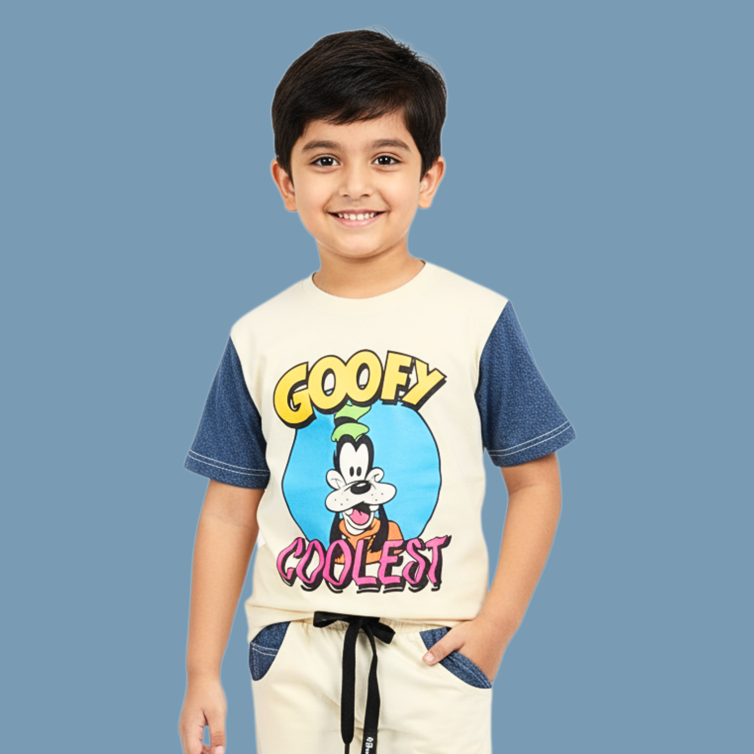COOLEST Boys Goofy Cartoon T-Shirt & Jogger Pants Set (3–12 Years) Cream