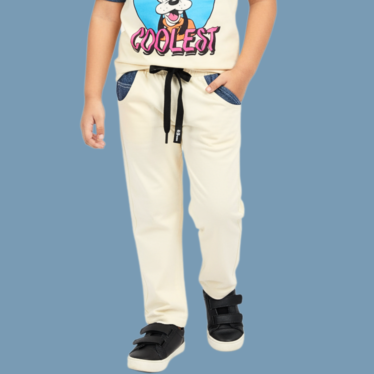 COOLEST Boys Goofy Cartoon T-Shirt & Jogger Pants Set (3–12 Years) Cream
