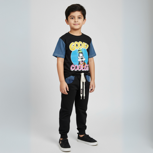 COOLEST Boys Goofy Cartoon T-Shirt & Jogger Pants Set – Black (3–12 Years)