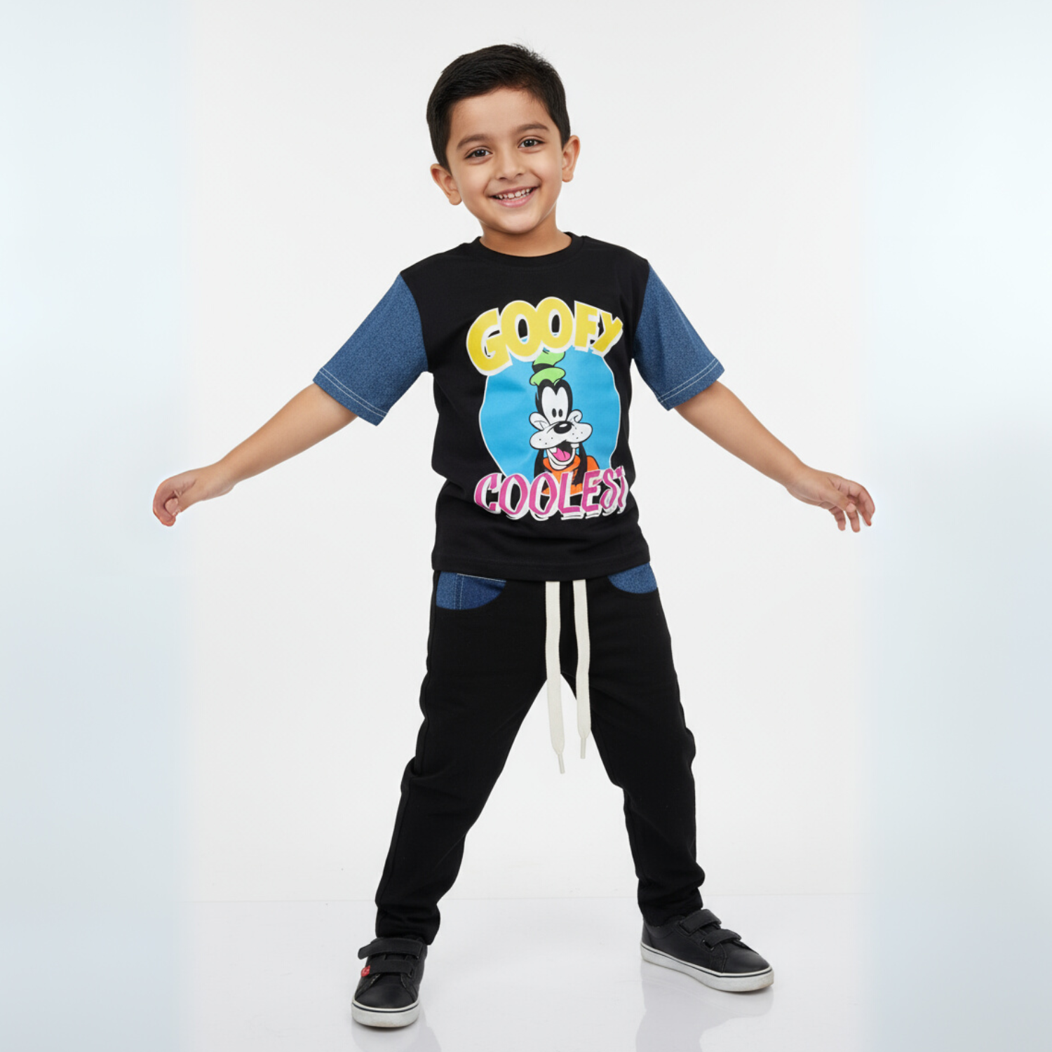 COOLEST Boys Goofy Cartoon T-Shirt & Jogger Pants Set – Black (3–12 Years)
