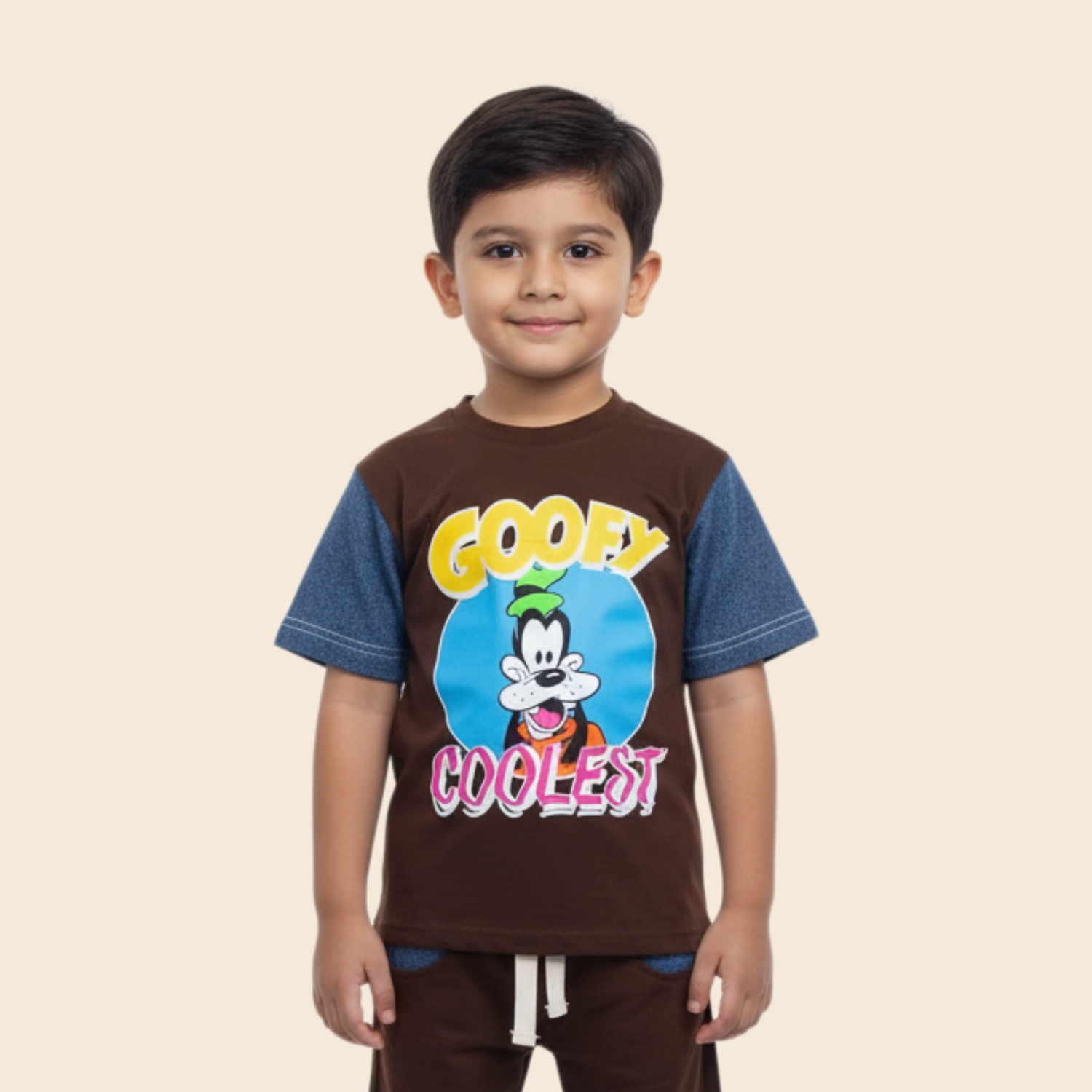 COOLEST Boys Goofy Cartoon T-Shirt & Jogger Pants Set – Brown (3–12 Years)