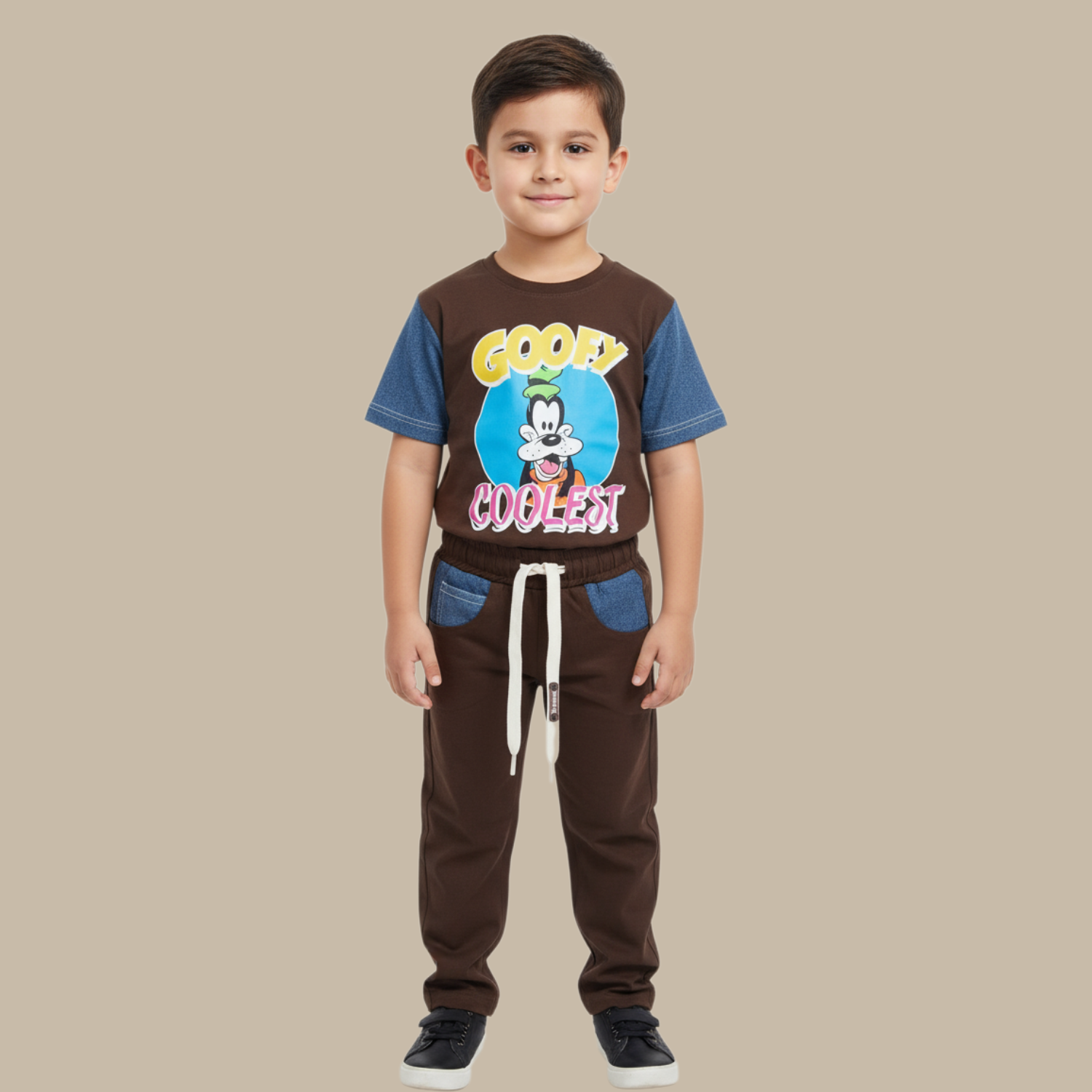 COOLEST Boys Goofy Cartoon T-Shirt & Jogger Pants Set – Brown (3–12 Years)