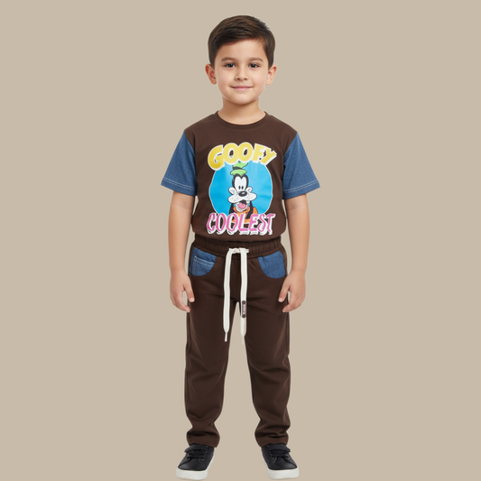 COOLEST Boys Goofy Cartoon T-Shirt & Jogger Pants Set – Brown (3–12 Years)