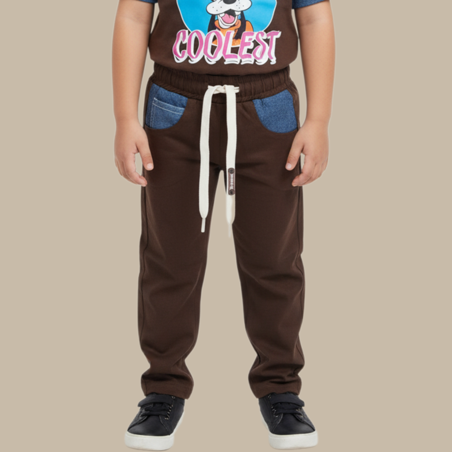 COOLEST Boys Goofy Cartoon T-Shirt & Jogger Pants Set – Brown (3–12 Years)