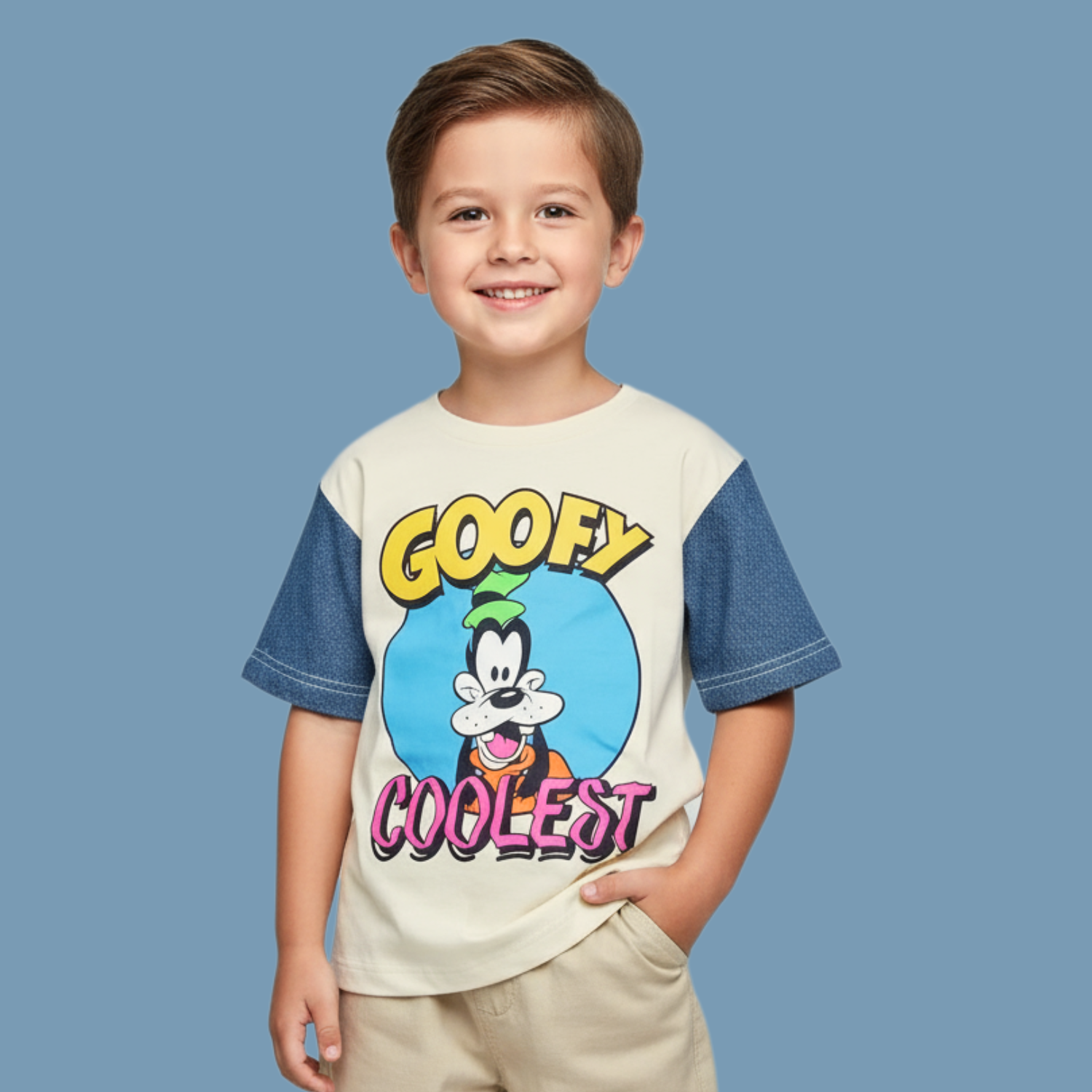 COOLEST Boys Goofy Cartoon T-Shirt & Jogger Pants Set (3–12 Years) Cream