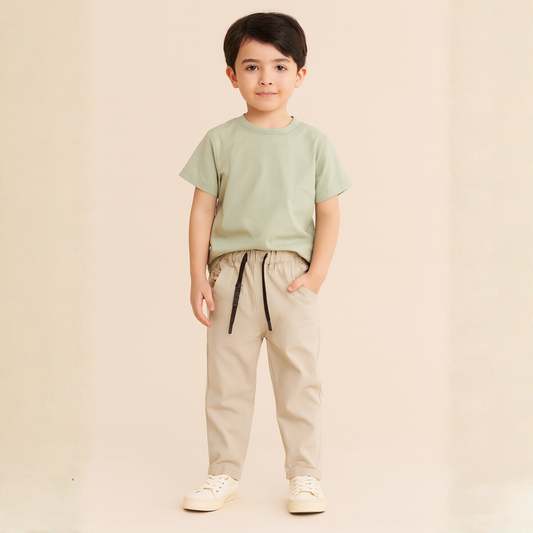 COOLEST Boys Cotton Linen Casual Pants | Elastic Waist Drawstring Trousers | Brown & Cream | 5–14 Years