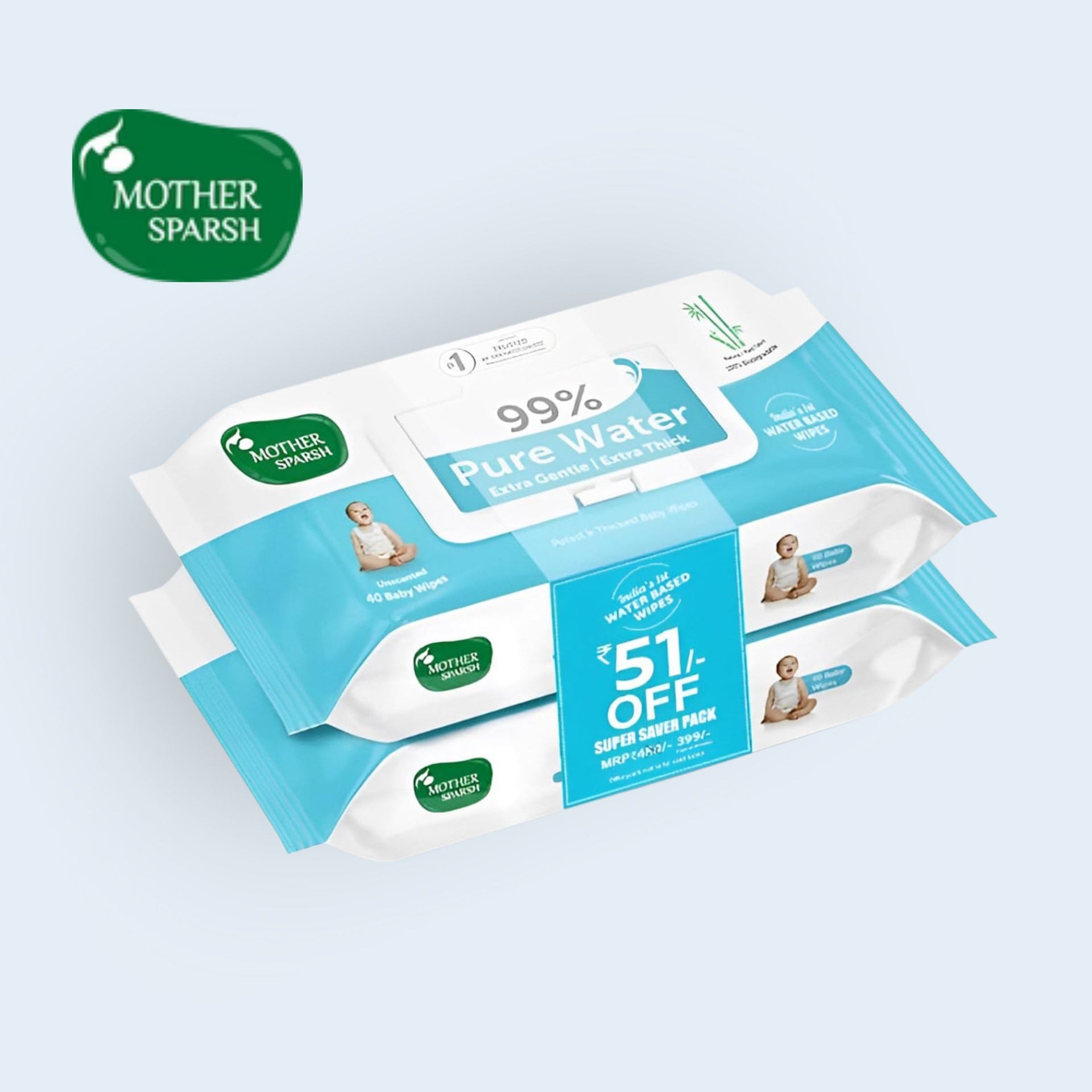 Mother Sparsh 99% Pure Water Baby Wipes (40X2) | Wipes Made with Plant Based Fabric