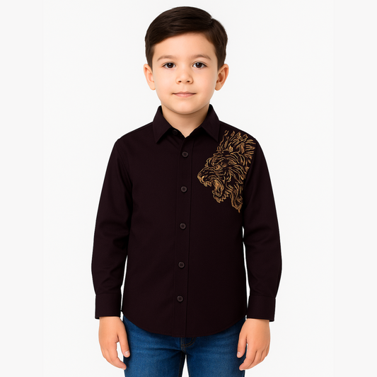 Blazo Boys’ Maroon Lion Embroidered Full Sleeve Shirt | Ages 1–10 Years