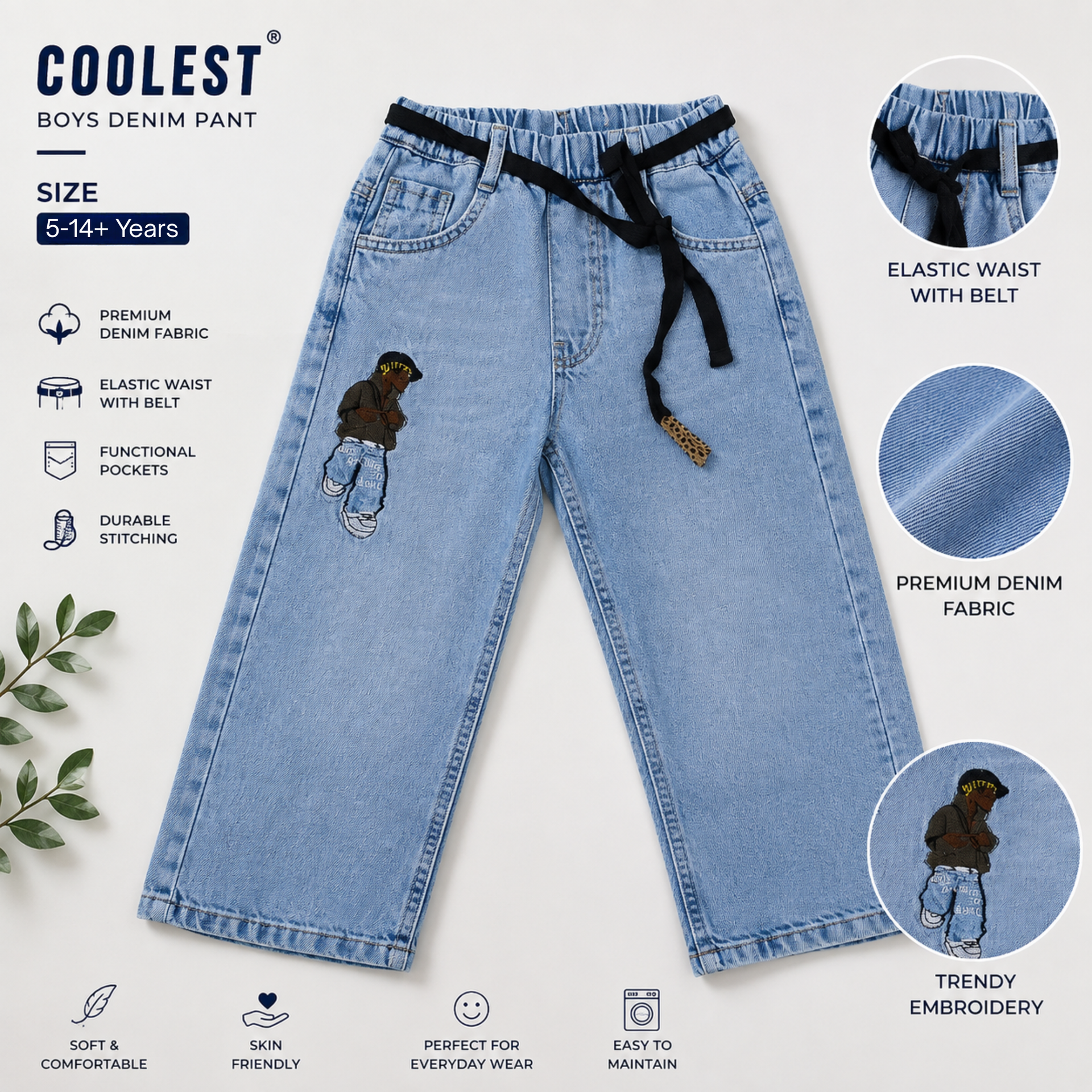 COOLEST Boys Baggy Denim Jeans | Light & Dark Blue | Premium Cotton Blend Relaxed Fit Jeans with Elastic Waist & Adjustable Belt | Sizes 16–40 (6 Month–14+ Years)