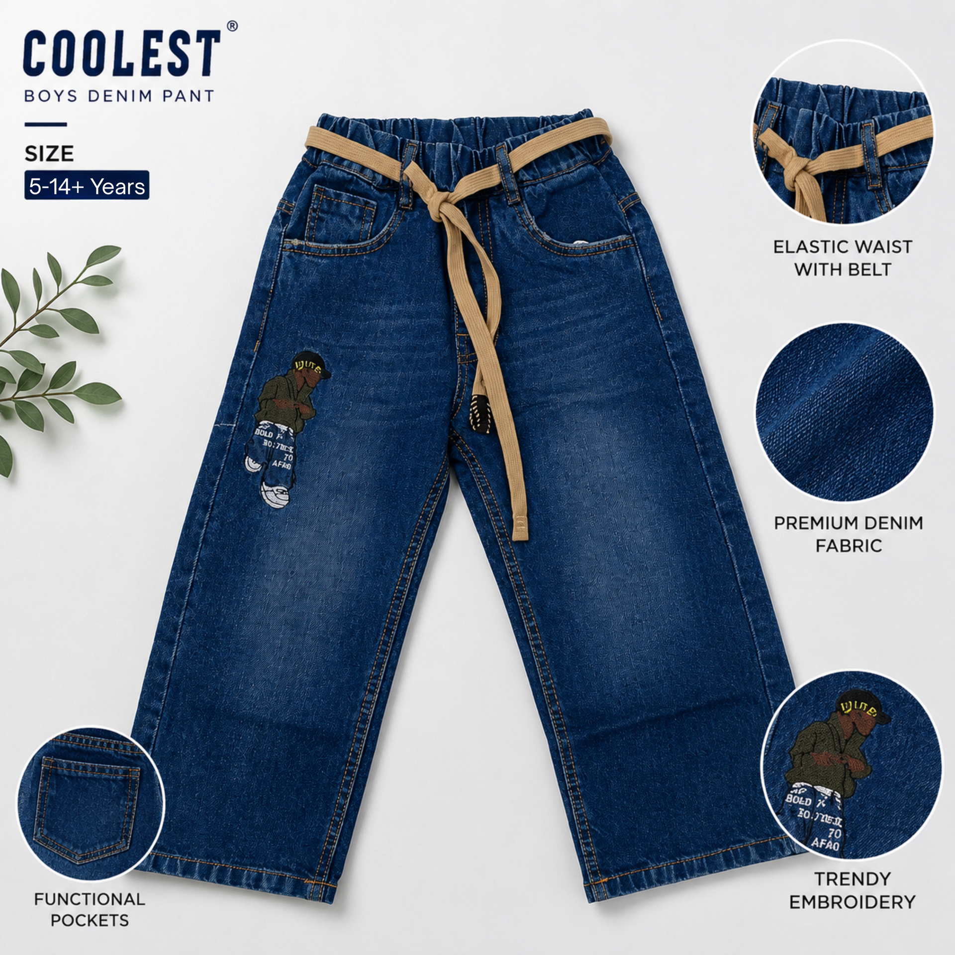 COOLEST Boys Baggy Denim Jeans | Light & Dark Blue | Premium Cotton Blend Relaxed Fit Jeans with Elastic Waist & Adjustable Belt | Sizes 16–40 (6 Month–14+ Years)
