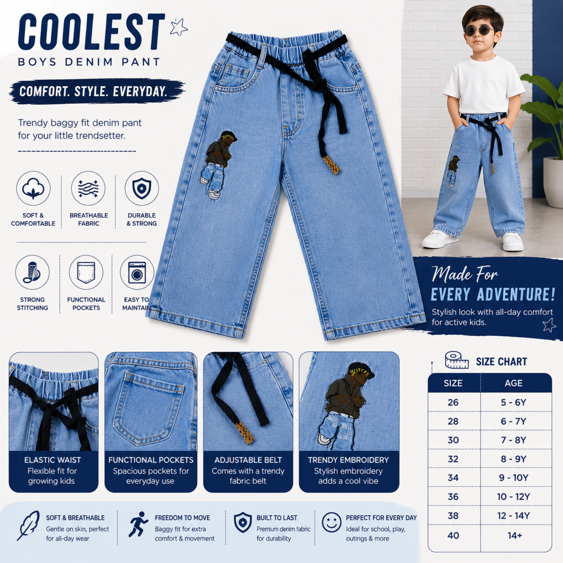 COOLEST Boys Baggy Denim Jeans | Light & Dark Blue | Premium Cotton Blend Relaxed Fit Jeans with Elastic Waist & Adjustable Belt | Sizes 16–40 (6 Month–14+ Years)