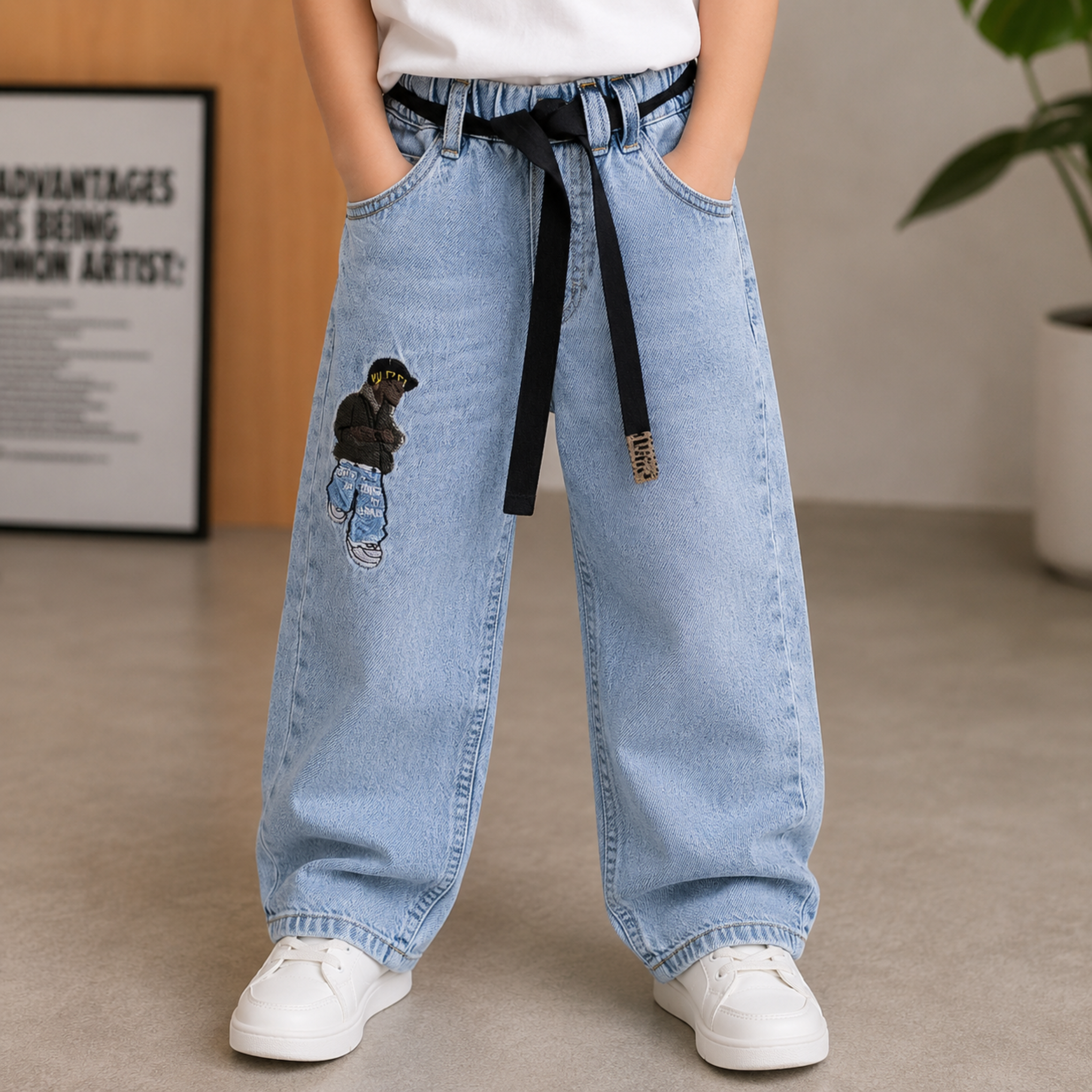 COOLEST Boys Baggy Denim Jeans | Light & Dark Blue | Premium Cotton Blend Relaxed Fit Jeans with Elastic Waist & Adjustable Belt | Sizes 16–40 (6 Month–14+ Years)