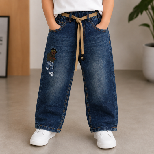 COOLEST Boys Baggy Denim Jeans | Light & Dark Blue | Premium Cotton Blend Relaxed Fit Jeans with Elastic Waist & Adjustable Belt | Sizes 16–40 (6 Month–14+ Years)