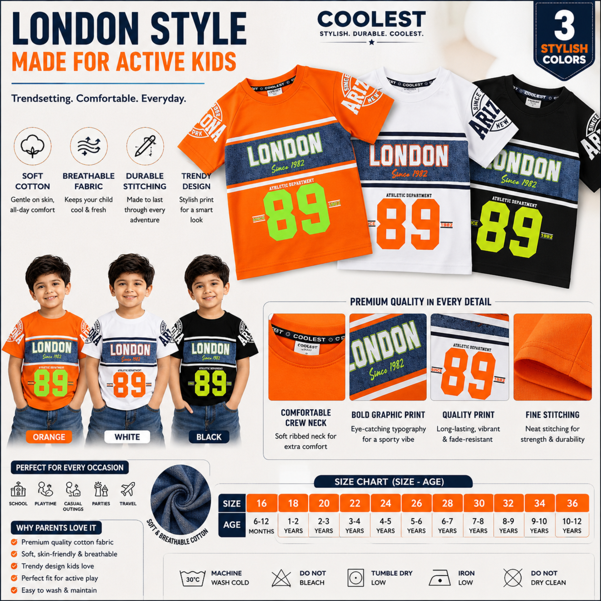 COOLEST Boys Graphic Printed Cotton Half Sleeve T-Shirt | LONDON 89 Casual Kids T-Shirt | Soft & Breathable | Orange, White & Black | 6 Months–12 Years
