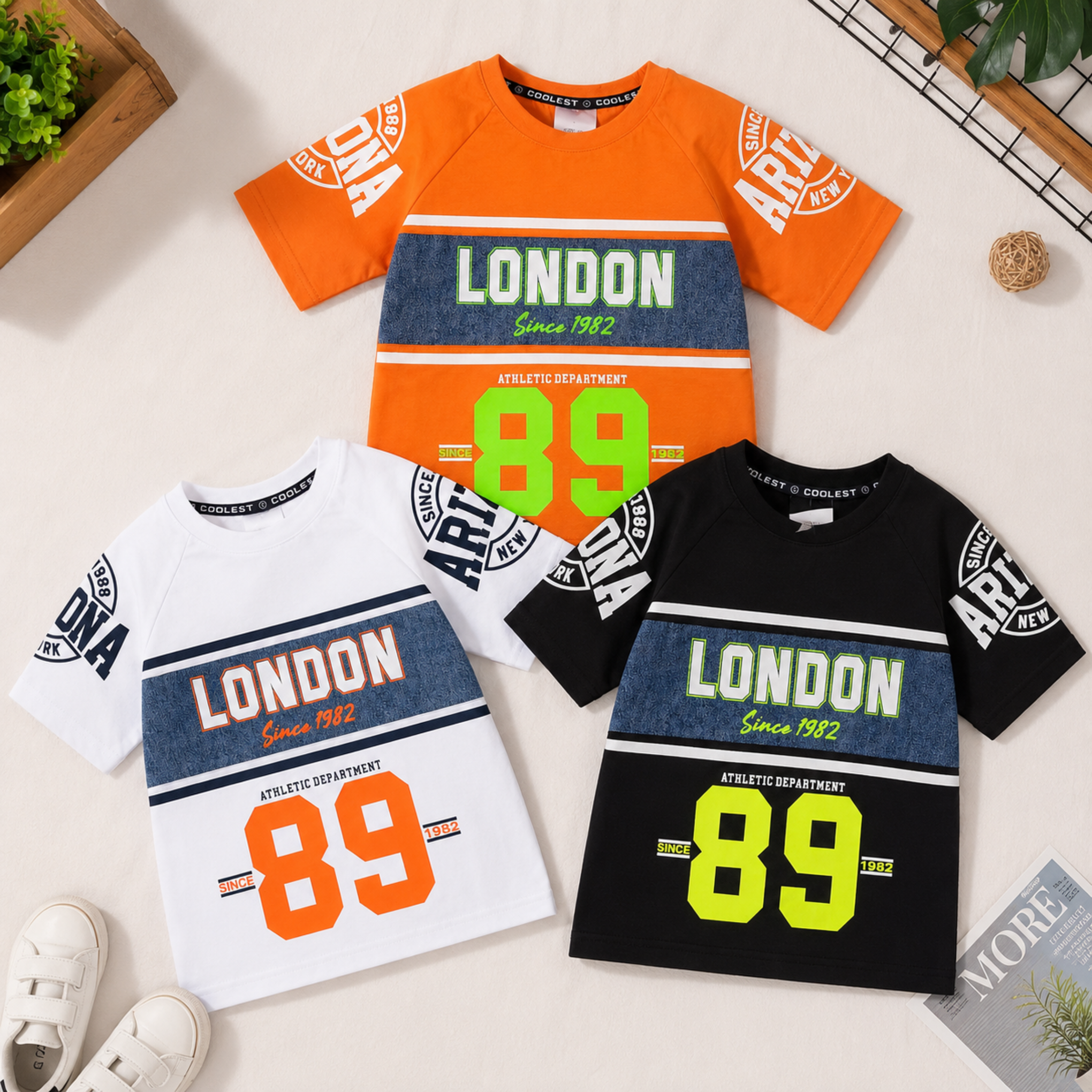 COOLEST Boys Graphic Printed Cotton Half Sleeve T-Shirt | LONDON 89 Casual Kids T-Shirt | Soft & Breathable | Orange, White & Black | 6 Months–12 Years