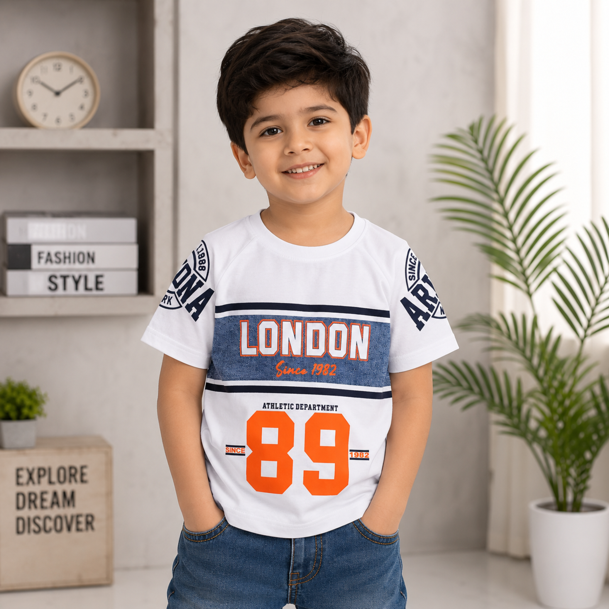 COOLEST Boys Graphic Printed Cotton Half Sleeve T-Shirt | LONDON 89 Casual Kids T-Shirt | Soft & Breathable | Orange, White & Black | 6 Months–12 Years