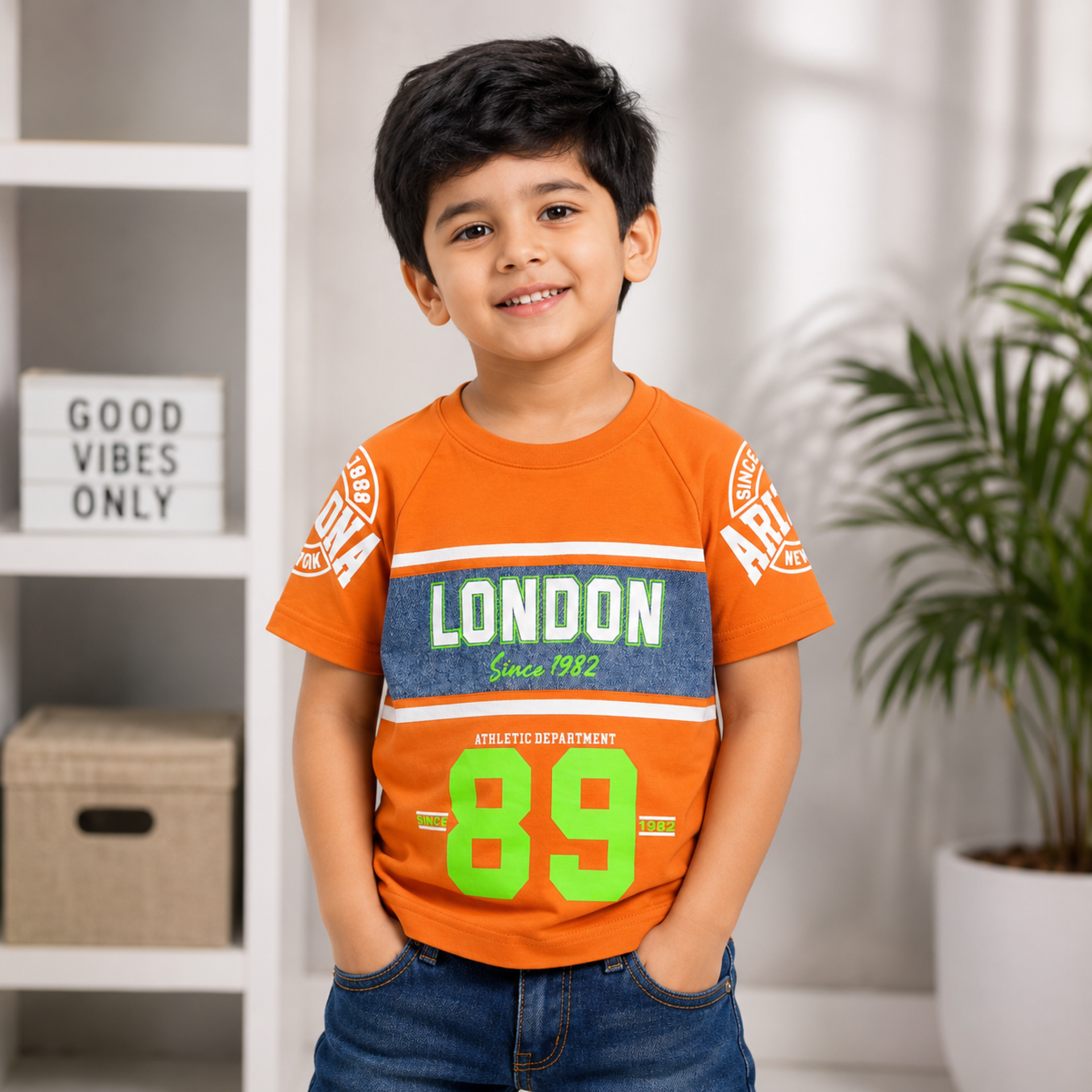 COOLEST Boys Graphic Printed Cotton Half Sleeve T-Shirt | LONDON 89 Casual Kids T-Shirt | Soft & Breathable | Orange, White & Black | 6 Months–12 Years