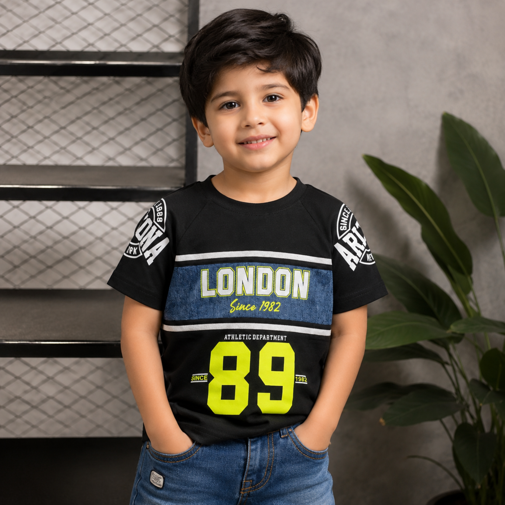COOLEST Boys Graphic Printed Cotton Half Sleeve T-Shirt | LONDON 89 Casual Kids T-Shirt | Soft & Breathable | Orange, White & Black | 6 Months–12 Years