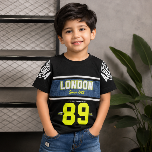 COOLEST Boys Graphic Printed Cotton Half Sleeve T-Shirt | LONDON 89 Casual Kids T-Shirt | Soft & Breathable | Orange, White & Black | 6 Months–12 Years