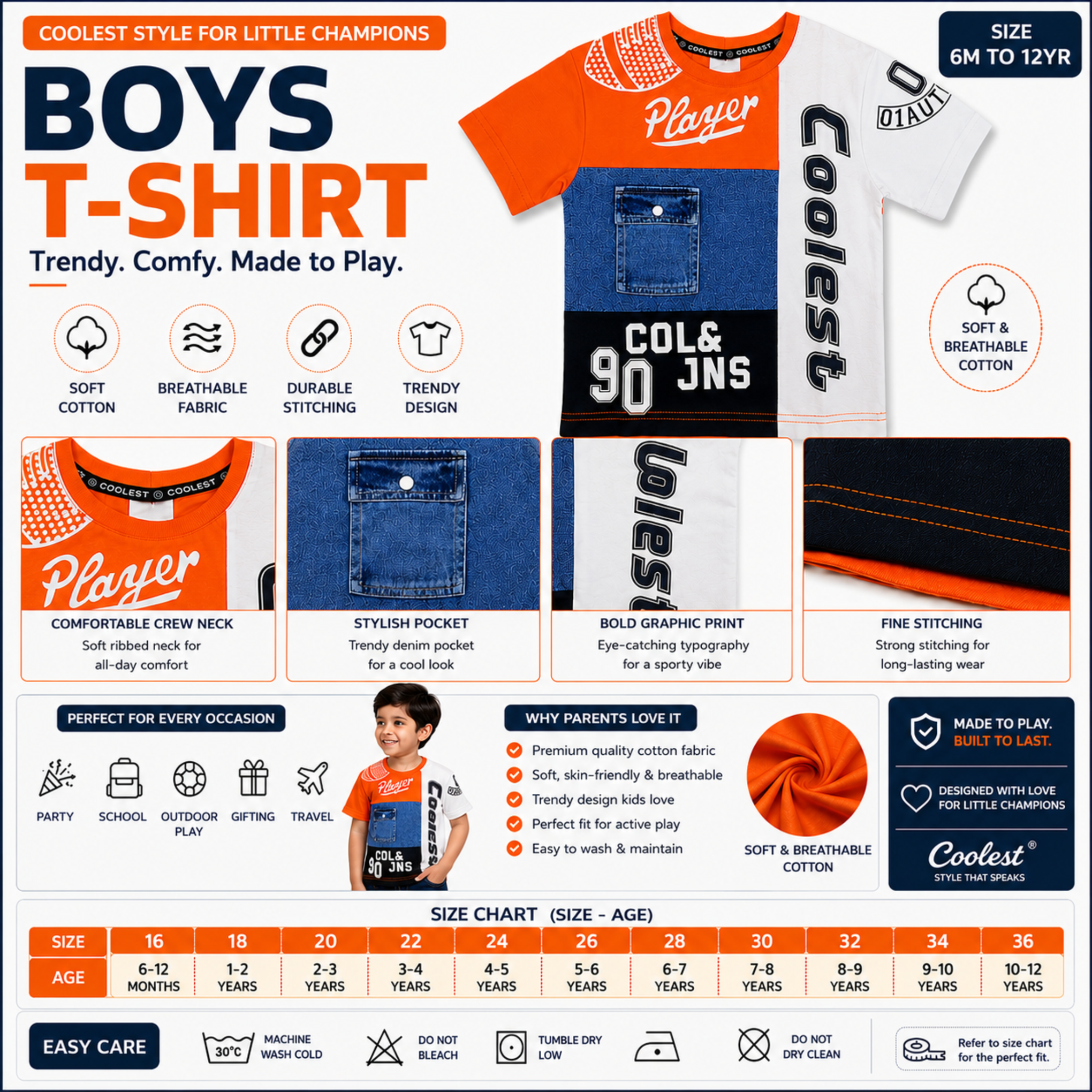 COOLEST Boys Graphic Printed Cotton Half Sleeve T-Shirt with Denim Pocket | Soft & Breathable Casual Wear | Orange & White | 6 Months–12 Years