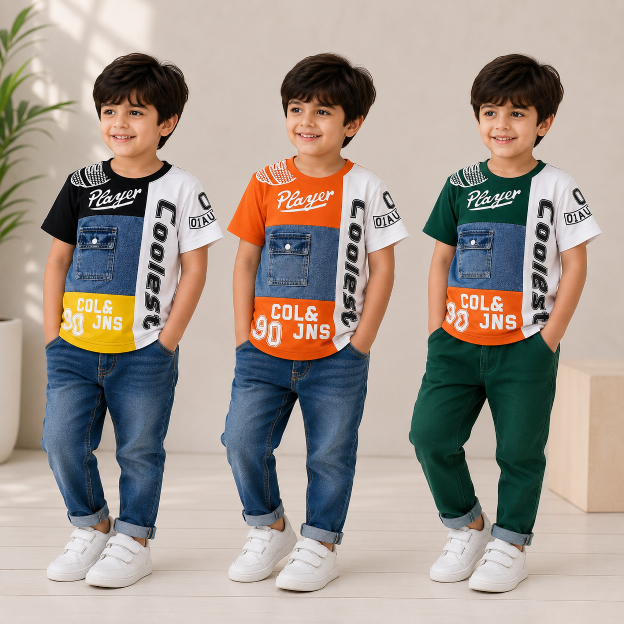 COOLEST Boys Graphic Printed Cotton Half Sleeve T-Shirt with Denim Pocket | Soft & Breathable Casual Wear | Orange & White | 6 Months–12 Years