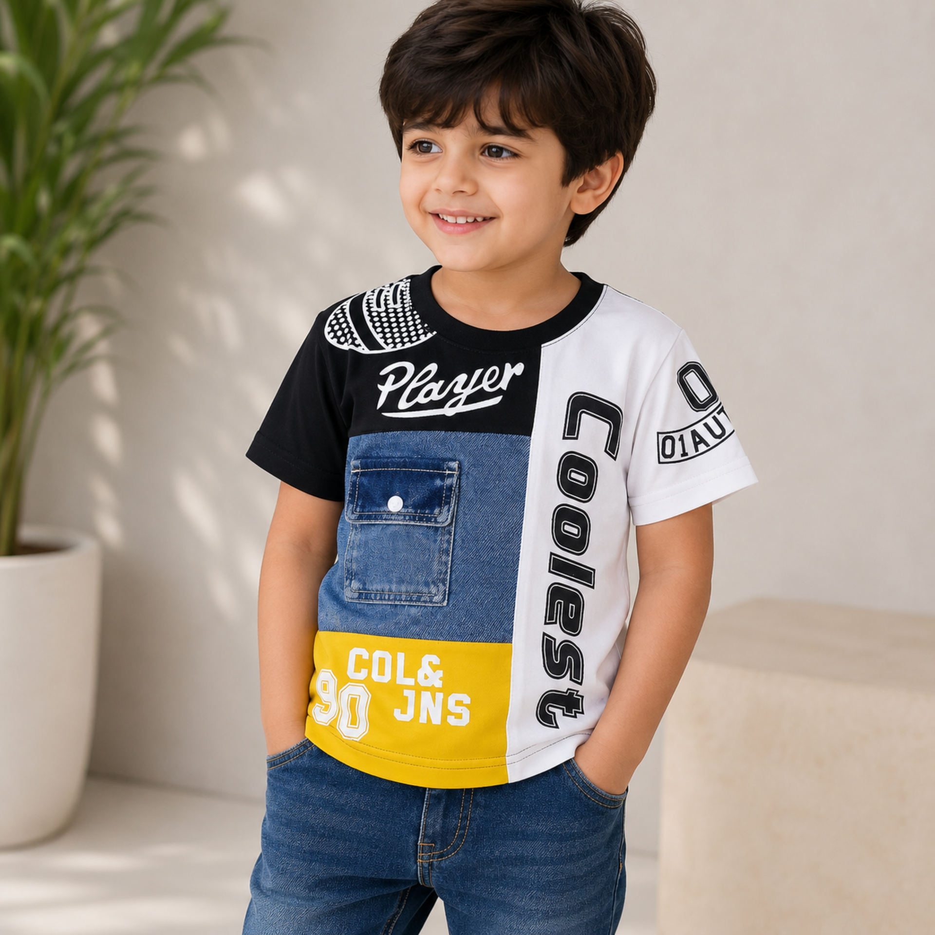 COOLEST Boys Graphic Printed Cotton Half Sleeve T-Shirt with Denim Pocket | Soft & Breathable Casual Wear | Orange & White | 6 Months–12 Years