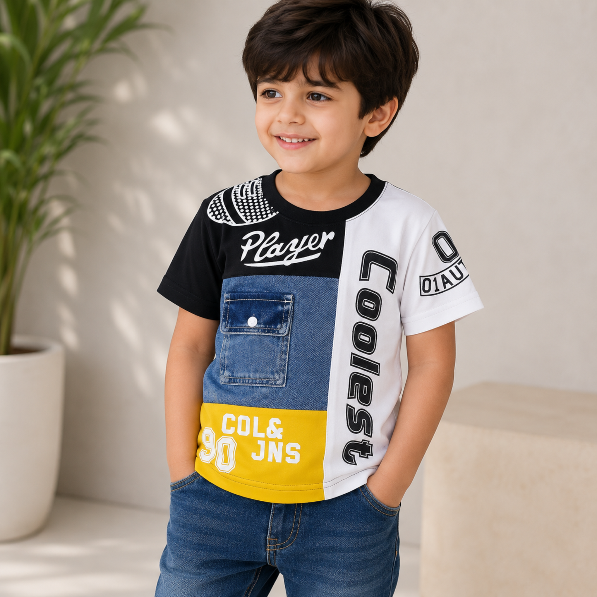 COOLEST Boys Graphic Printed Cotton Half Sleeve T-Shirt with Denim Pocket | Soft & Breathable Casual Wear | Orange & White | 6 Months–12 Years