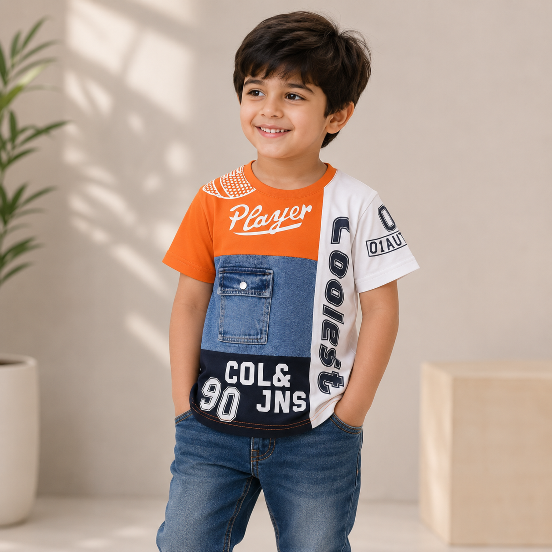 COOLEST Boys Graphic Printed Cotton Half Sleeve T-Shirt with Denim Pocket | Soft & Breathable Casual Wear | Orange & White | 6 Months–12 Years
