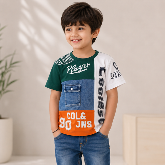 COOLEST Boys Graphic Printed Cotton Half Sleeve T-Shirt with Denim Pocket | Soft & Breathable Casual Wear | Orange & White | 6 Months–12 Years
