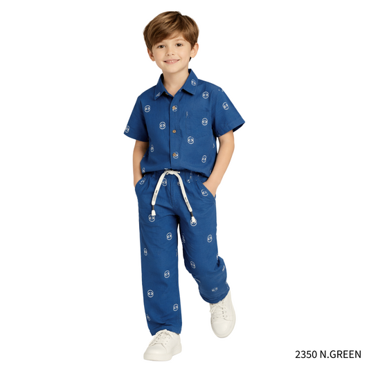 COOLEST Boys Printed Shirt & Pant Set | Trendy Casual Outfit | N. Green & Blue | 4-12 Years