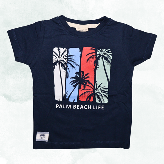 OLLYPOP Pure Cotton Half sleeve And Round Neck with Palm Beach Life printed t shirt for Boys navy blue color