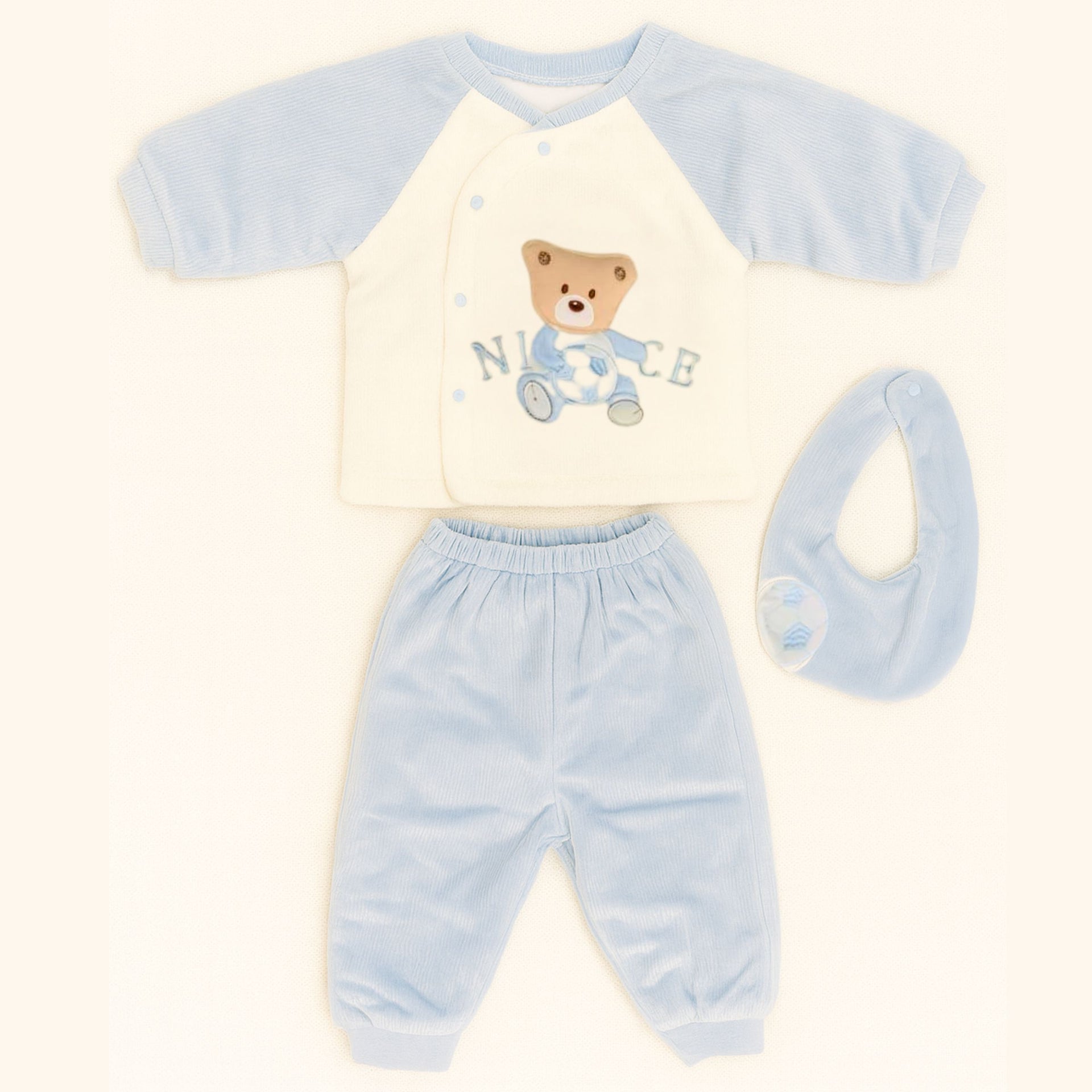 Smile Baby 3-Piece Winter Set for 0–1 Year | Soft Cotton Fleece Baby Clothing Set (Top, Pants & Bib) | Warm & Gentle Wear for Infants – Cream/Green, Cream/Blue, Cream/Brown