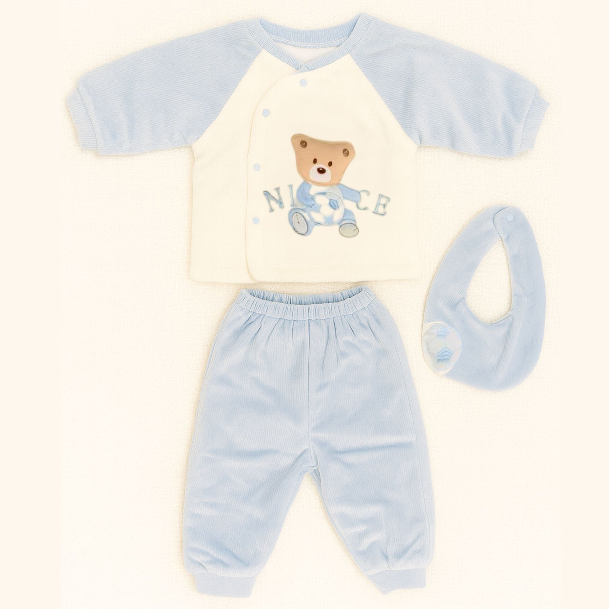 Smile Baby 3-Piece Winter Set for 0–1 Year | Soft Cotton Fleece Baby Clothing Set (Top, Pants & Bib) | Warm & Gentle Wear for Infants – Cream/Green, Cream/Blue, Cream/Brown