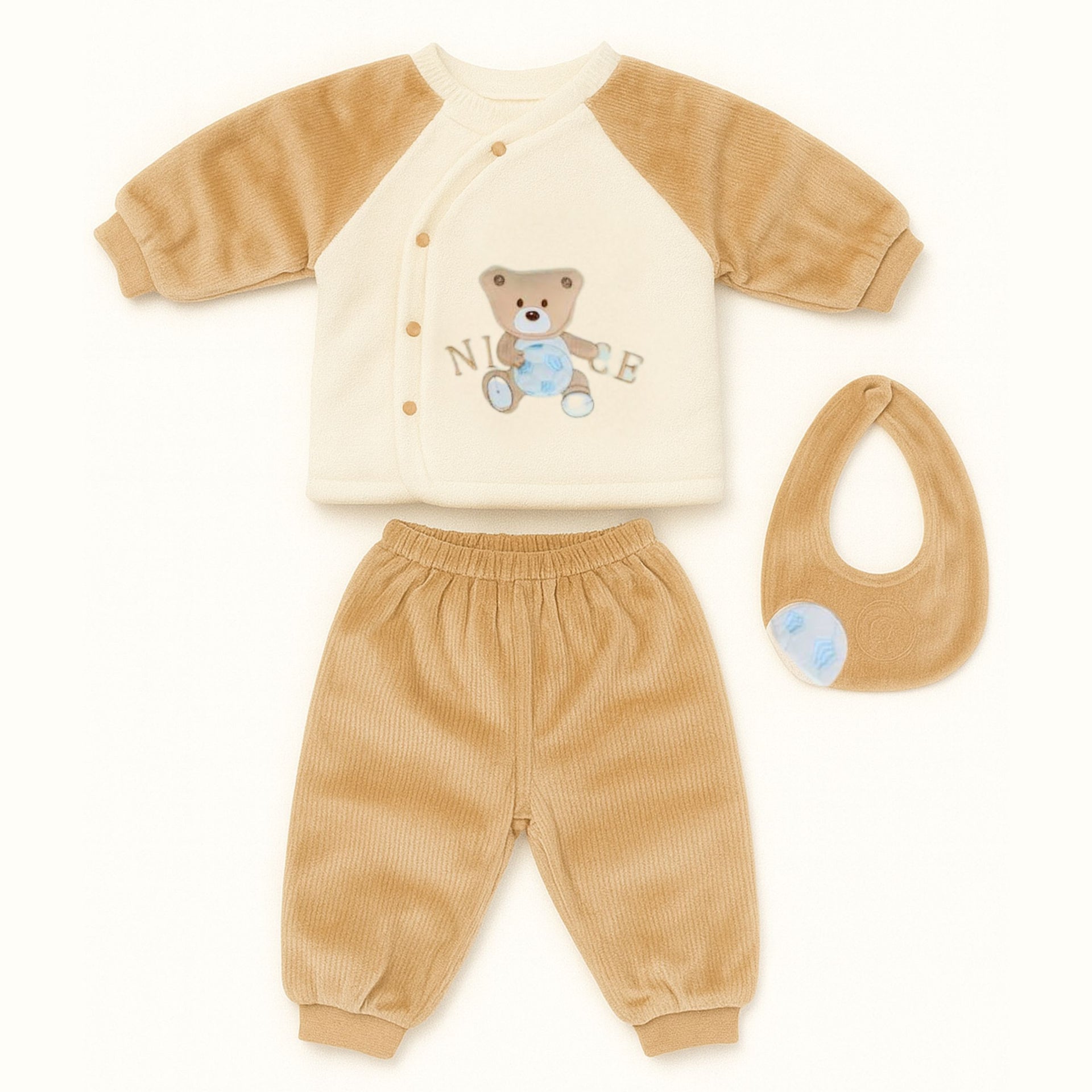 Smile Baby 3-Piece Winter Set for 0–1 Year | Soft Cotton Fleece Baby Clothing Set (Top, Pants & Bib) | Warm & Gentle Wear for Infants – Cream/Green, Cream/Blue, Cream/Brown