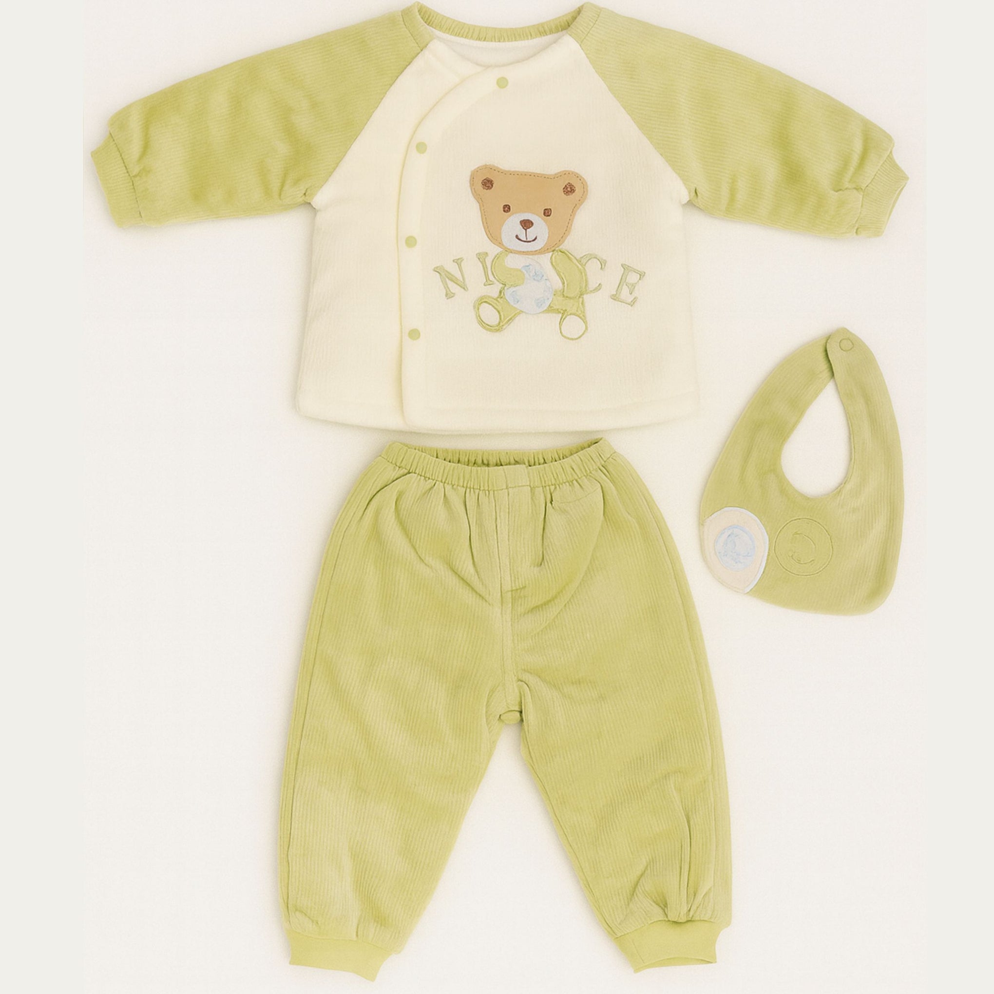 Smile Baby 3-Piece Winter Set for 0–1 Year | Soft Cotton Fleece Baby Clothing Set (Top, Pants & Bib) | Warm & Gentle Wear for Infants – Cream/Green, Cream/Blue, Cream/Brown