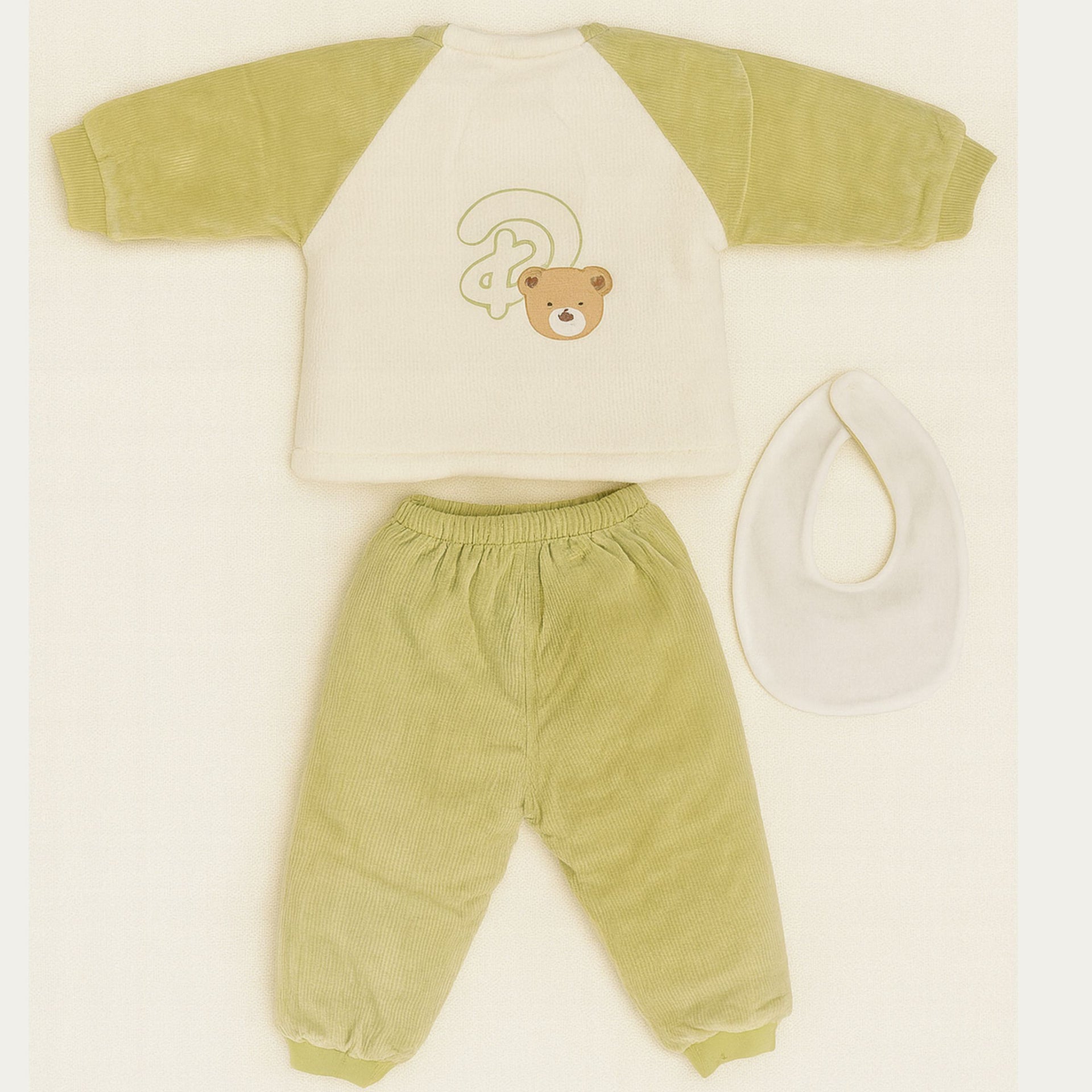 Smile Baby 3-Piece Winter Set for 0–1 Year | Soft Cotton Fleece Baby Clothing Set (Top, Pants & Bib) | Warm & Gentle Wear for Infants – Cream/Green, Cream/Blue, Cream/Brown