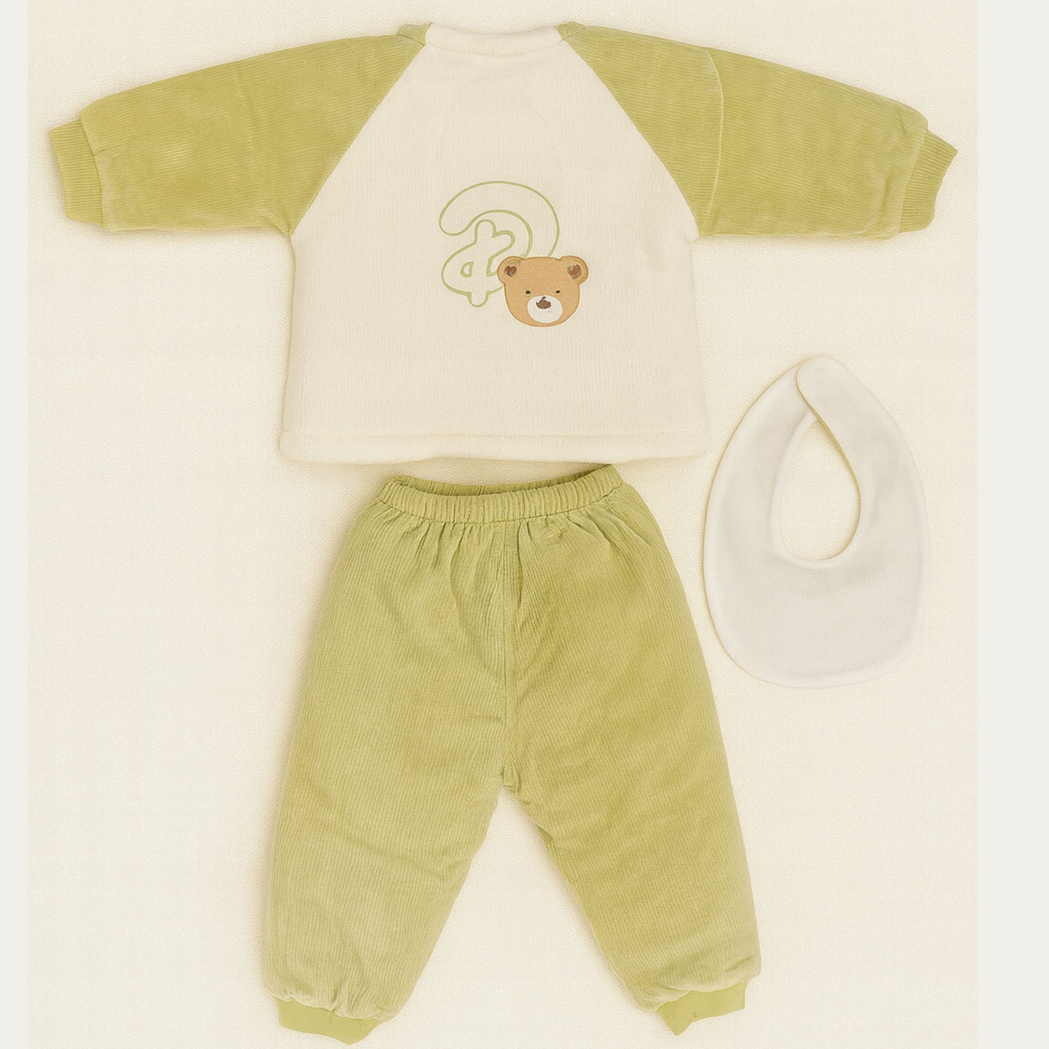 Smile Baby 3-Piece Winter Set for 0–1 Year | Soft Cotton Fleece Baby Clothing Set (Top, Pants & Bib) | Warm & Gentle Wear for Infants – Cream/Green, Cream/Blue, Cream/Brown