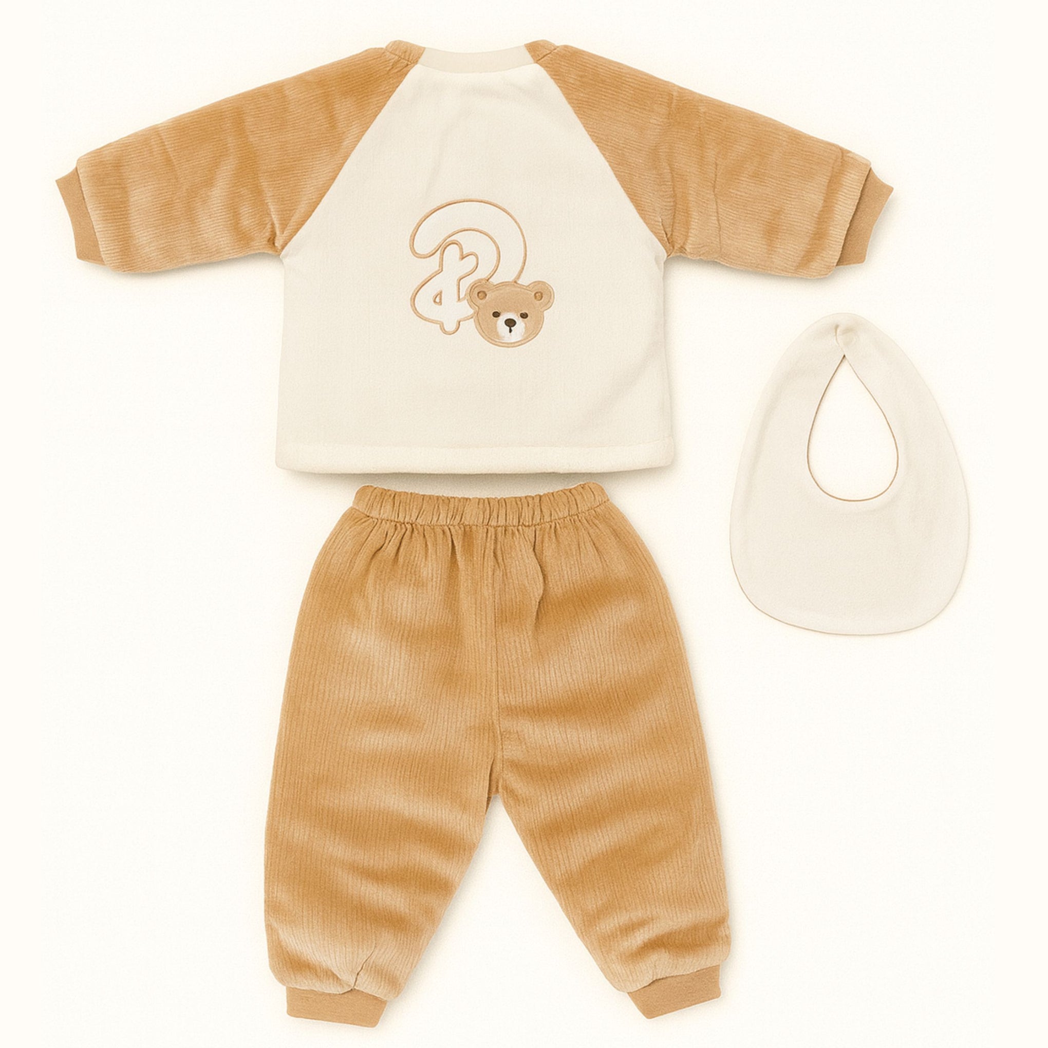 Smile Baby 3-Piece Winter Set for 0–1 Year | Soft Cotton Fleece Baby Clothing Set (Top, Pants & Bib) | Warm & Gentle Wear for Infants – Cream/Green, Cream/Blue, Cream/Brown