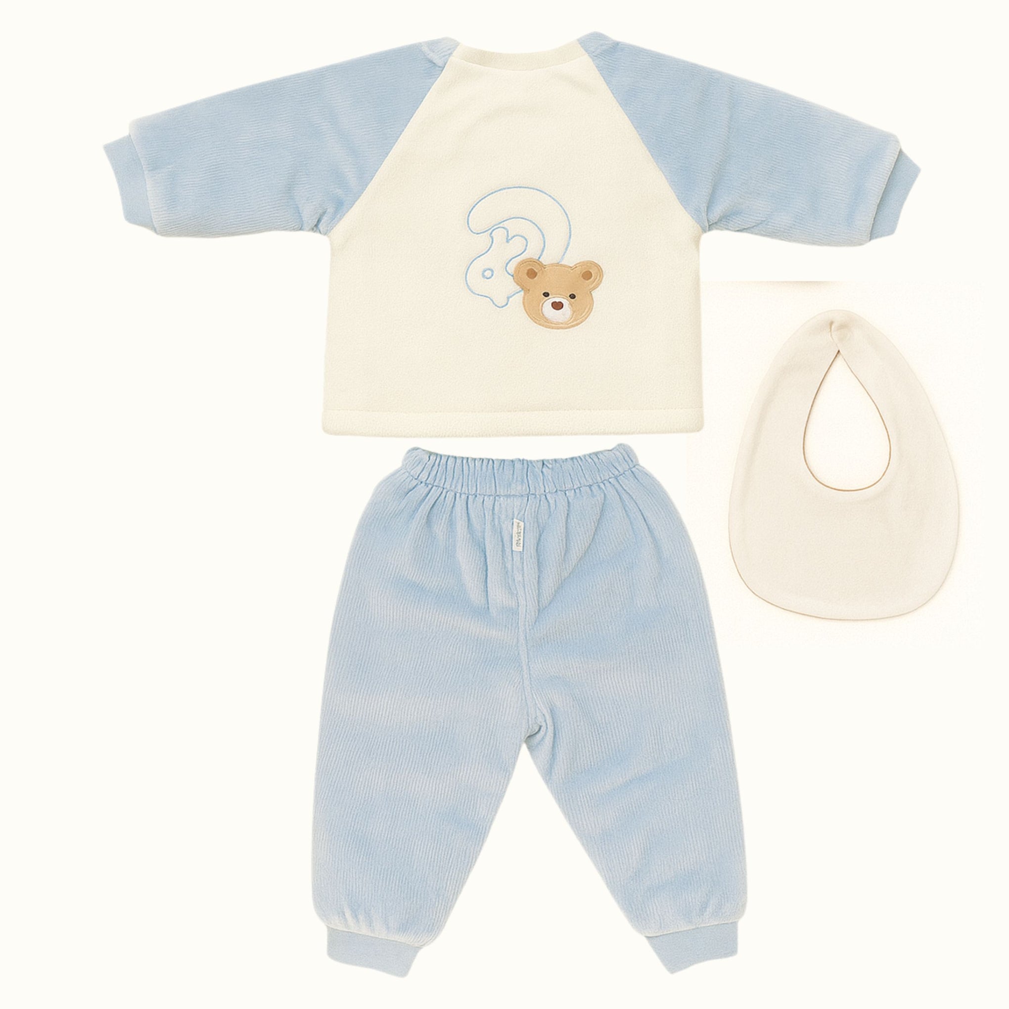 Smile Baby 3-Piece Winter Set for 0–1 Year | Soft Cotton Fleece Baby Clothing Set (Top, Pants & Bib) | Warm & Gentle Wear for Infants – Cream/Green, Cream/Blue, Cream/Brown