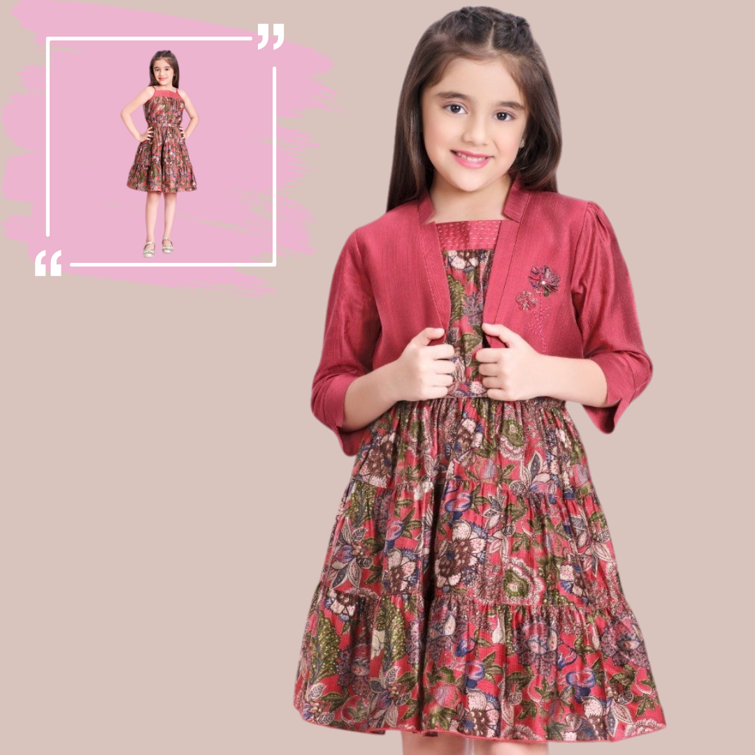 Tiny Baby Maroon Floral Printed Frock With Waist Coat For Girls