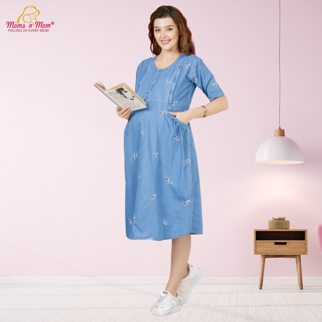 Moms N Mom Cotton Denim Maternity Short Dress | Embroidery Work Fabric | With Vertical Opening Hidden Zipper