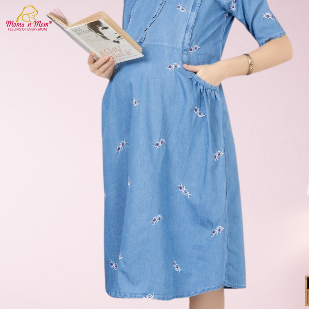 Moms N Mom Cotton Denim Maternity Short Dress | Embroidery Work Fabric | With Vertical Opening Hidden Zipper