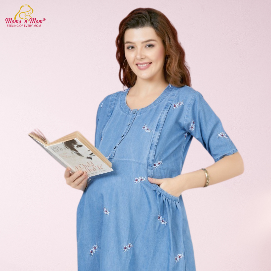 Moms N Mom Cotton Denim Maternity Short Dress | Embroidery Work Fabric | With Vertical Opening Hidden Zipper