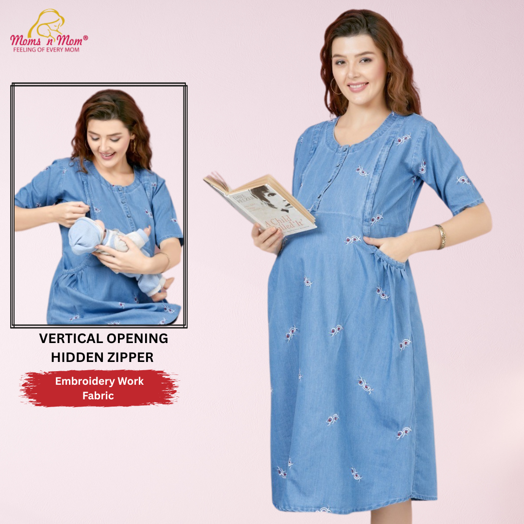 Moms N Mom Cotton Denim Maternity Short Dress | Embroidery Work Fabric | With Vertical Opening Hidden Zipper