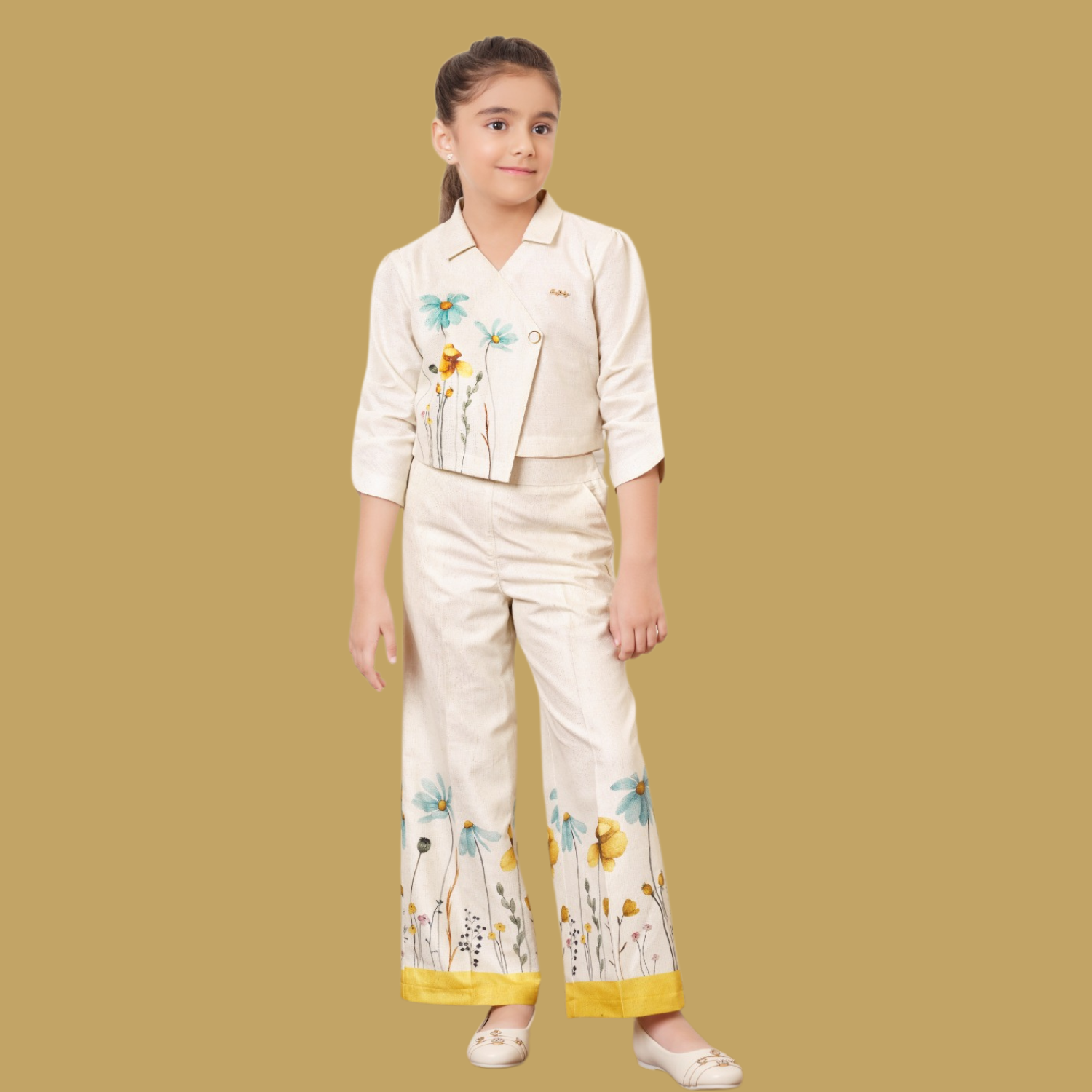 Tiny Baby Girls Beige Co-ord Set with Multicolor Digital Floral Print & Zari Weaving – Elegant Festive Wear (4–12 Years)